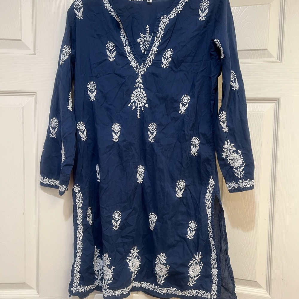 SEVYA 100% Cotton Blue Hand Embroidered 3/4 Sleeve Tunic Dress Beach Cover M - Picture 2 of 11
